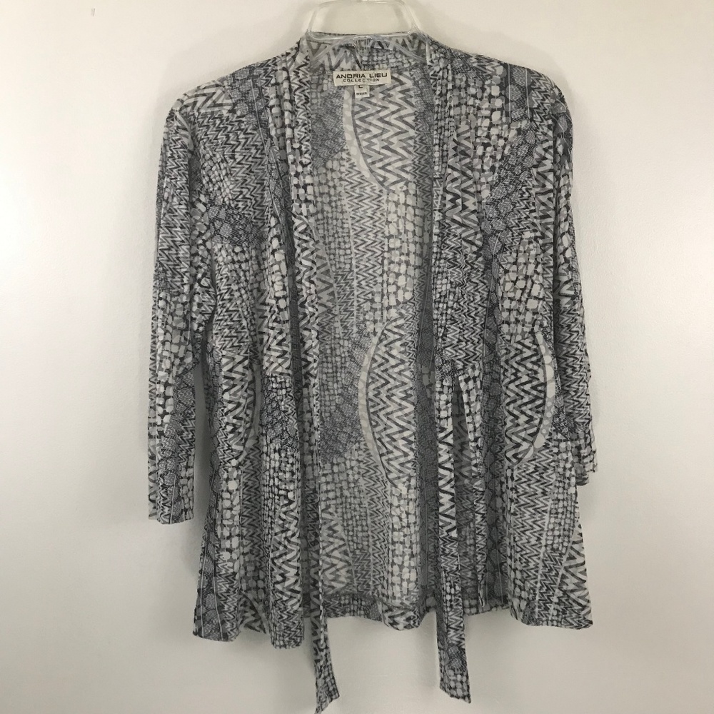 Andria Lieu White Gray 3/4 Sleeve Tie Cardigan L